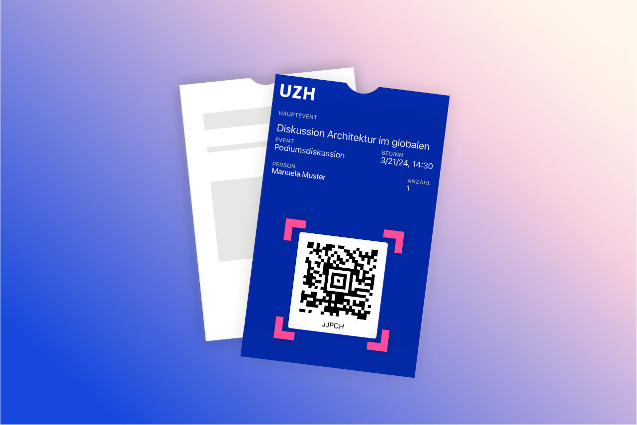 Close-up of a digital ticket or registration confirmation in UZH blue, a QR code and text information.
