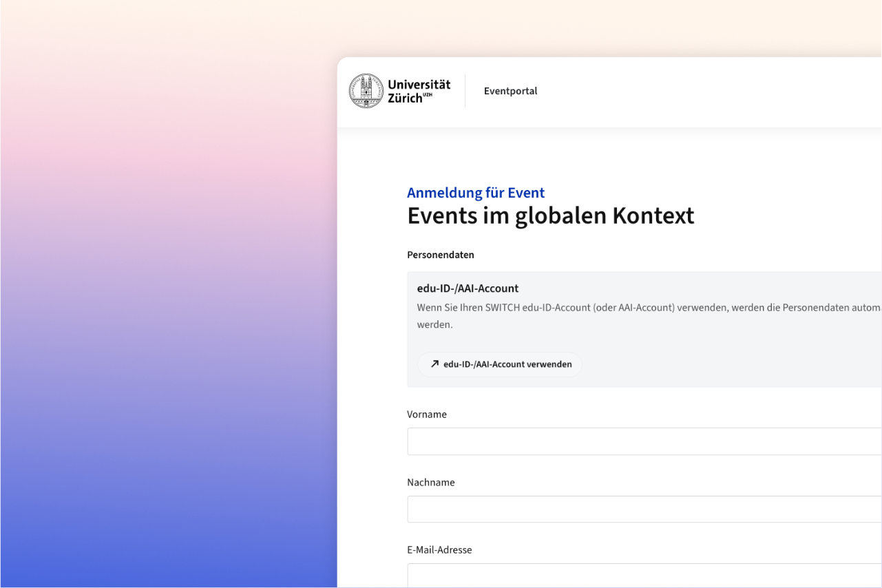 Registration form on the UZH event portal with fields for personal data such as name and e-mail address.
