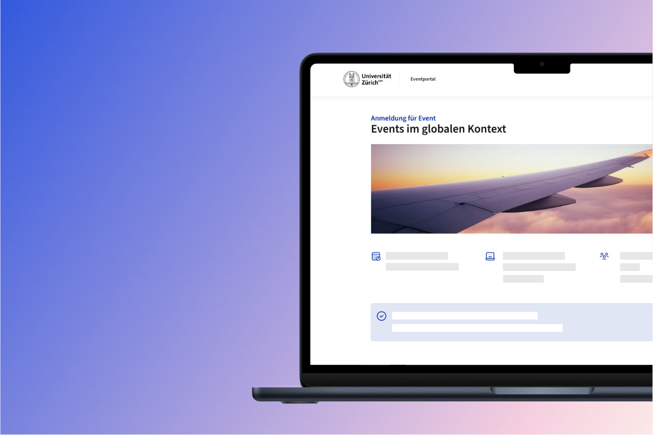 Laptop displaying the UZH event portal with a blurred background with a purple-blue color gradient.