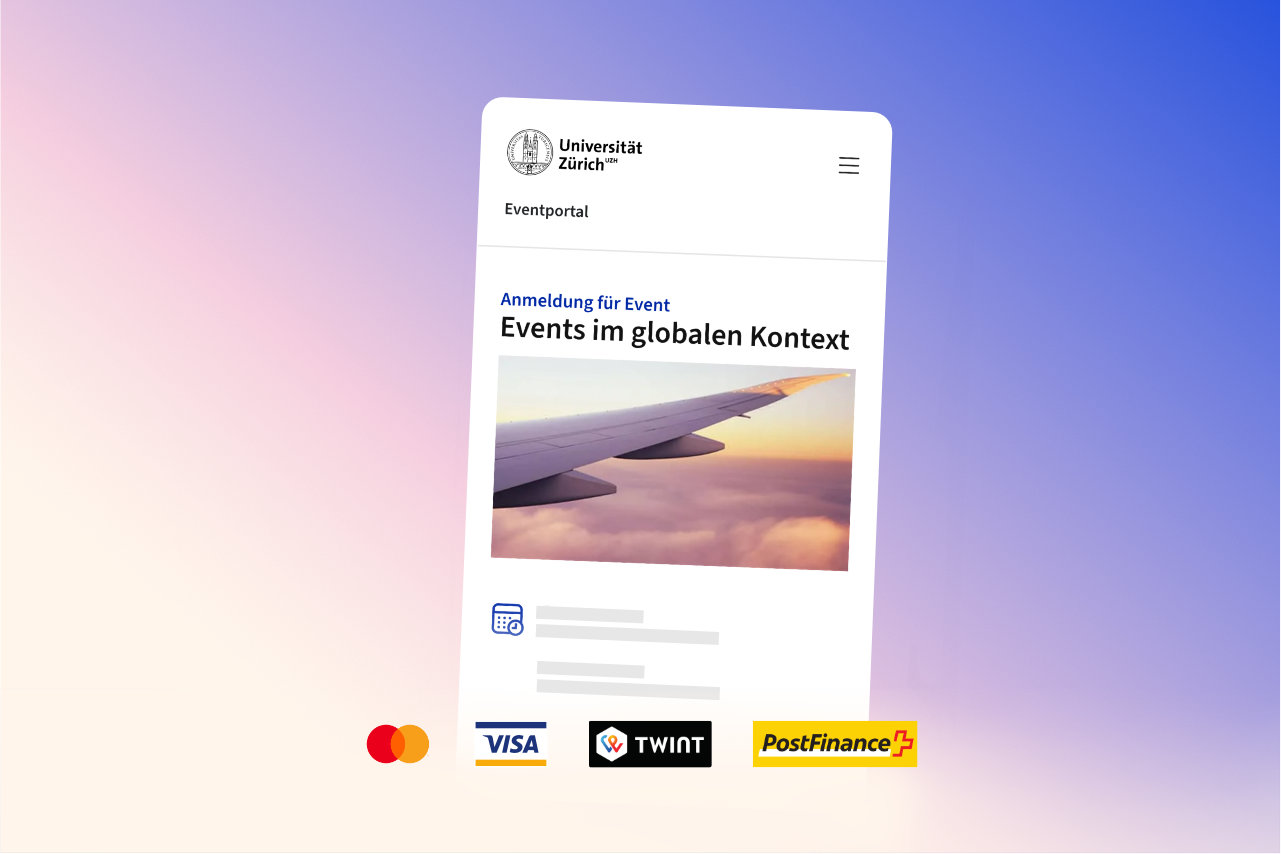Registration page on the UZH event portal with various payment options such as Mastercard, VISA, TWINT and PostFinance.